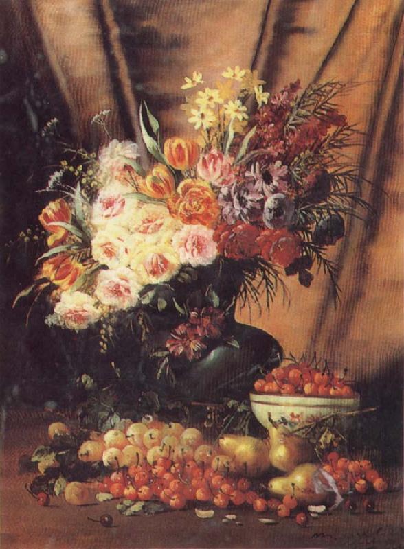 Modeste Carlier A Still life with Assorted Flowers,Cherries Pears and Quince Sweden oil painting art